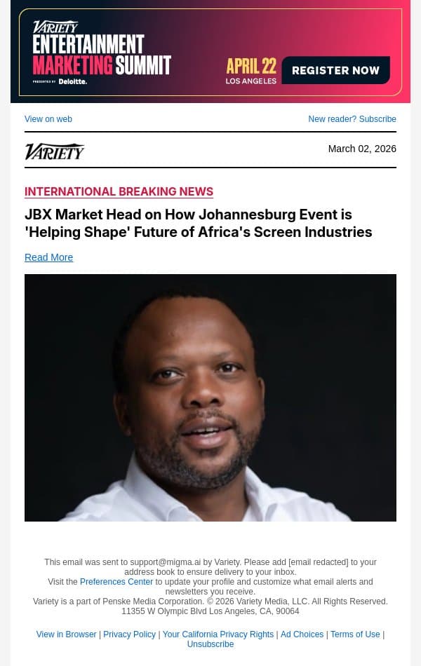 JBX Market Head on How Johannesburg Event is 'Helping Shape' Future of Africa's Screen Industries email from Variety screenshot
