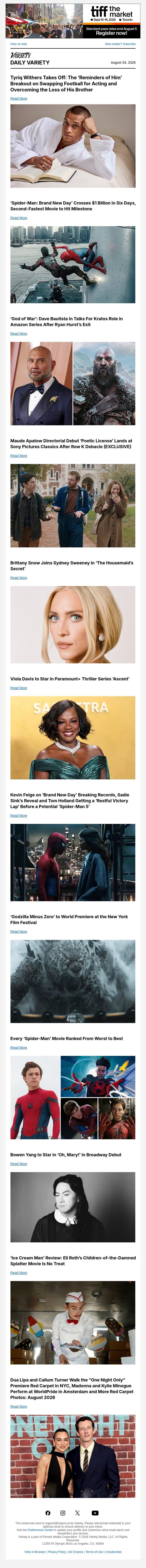 Tyriq Withers Takes Off; 'Brand New Day' Crosses $1B; 'God of War' Eyes Dave Bautista in Recasting email from Variety screenshot