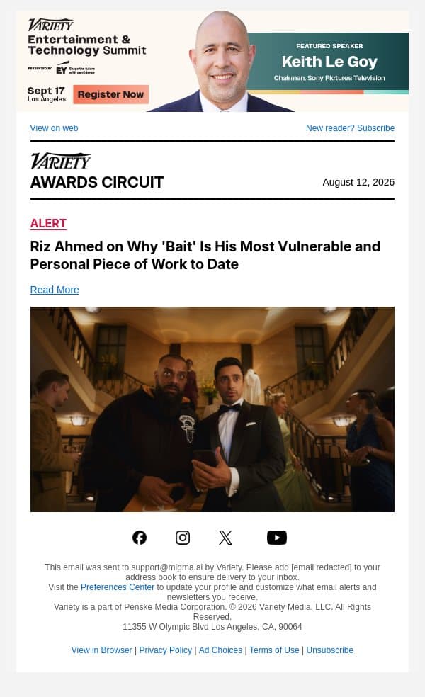 Riz Ahmed on Why 'Bait' Is His Most Vulnerable and Personal Piece of Work to Date email from Variety screenshot