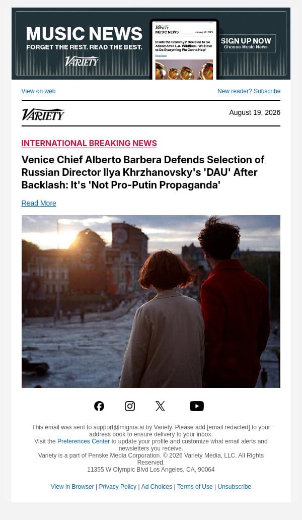 Venice Chief Alberto Barbera Defends Selection of Russian Director Ilya Khrzhanovsky's 'DAU' After Backlash: It's 'Not Pro-Putin Propaganda' email from Variety screenshot