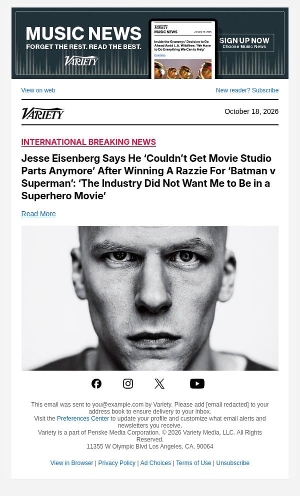 Jesse Eisenberg Says He ‘Couldn’t Get Movie Studio Parts Anymore’ After Winning A Razzie For ‘Batman v Superman’: ‘The Industry Did Not Want Me to Be in a Superhero Movie’ email from Variety screenshot