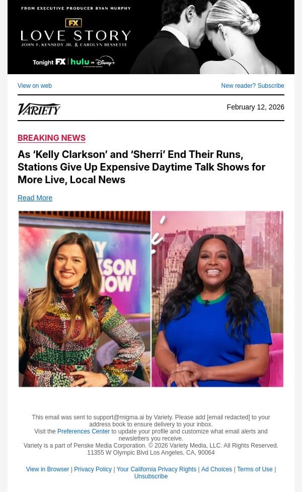 As ‘Kelly Clarkson’ and ‘Sherri’ End Their Runs, Stations Give Up Expensive Daytime Talk Shows for More Live, Local News email from Variety screenshot
