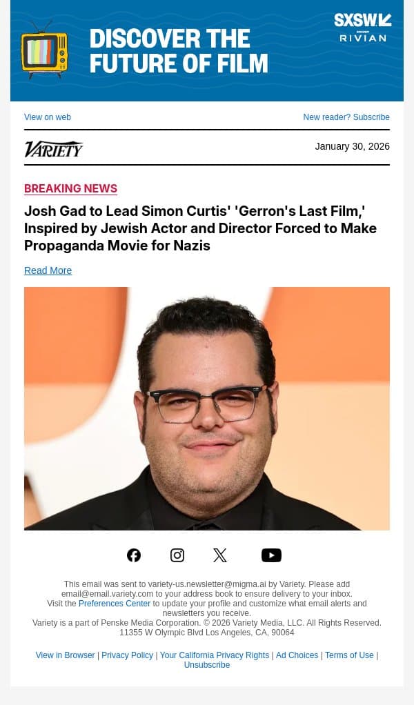 Josh Gad to Lead Simon Curtis' 'Gerron's Last Film,' Inspired by Jewish Actor and Director Forced to Make Propaganda Movie for Nazis email from Variety screenshot