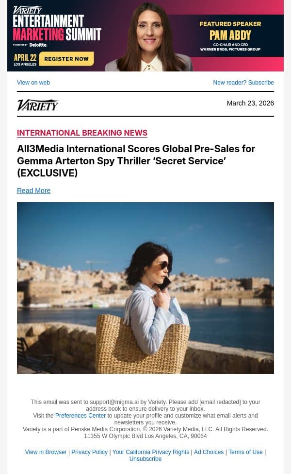 All3Media International Scores Global Pre-Sales for Gemma Arterton Spy Thriller ‘Secret Service’ (EXCLUSIVE) email from Variety screenshot