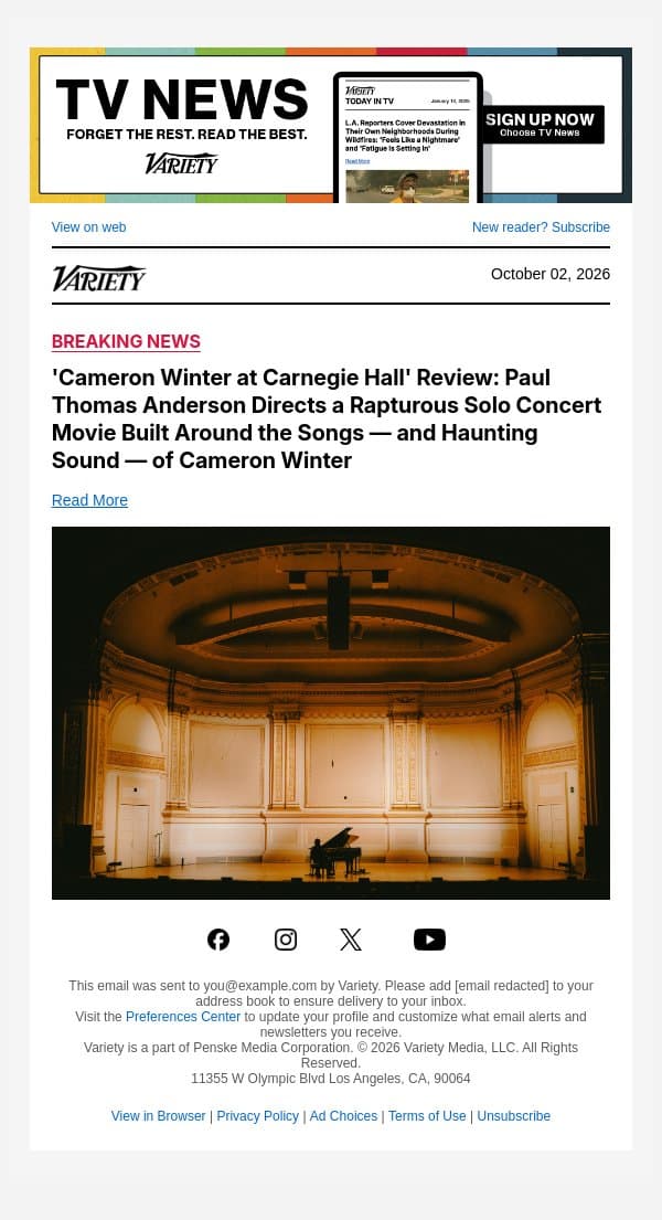 'Cameron Winter at Carnegie Hall' Review: Paul Thomas Anderson Directs a Rapturous Solo Concert Movie Built Around the Songs — and Haunting Sound — of Cameron Winter email from Variety screenshot