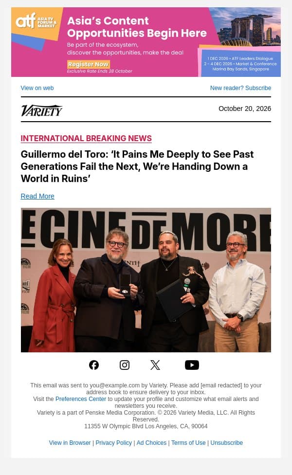 Guillermo del Toro: ‘It Pains Me Deeply to See Past Generations Fail the Next, We’re Handing Down a World in Ruins’ email from Variety screenshot