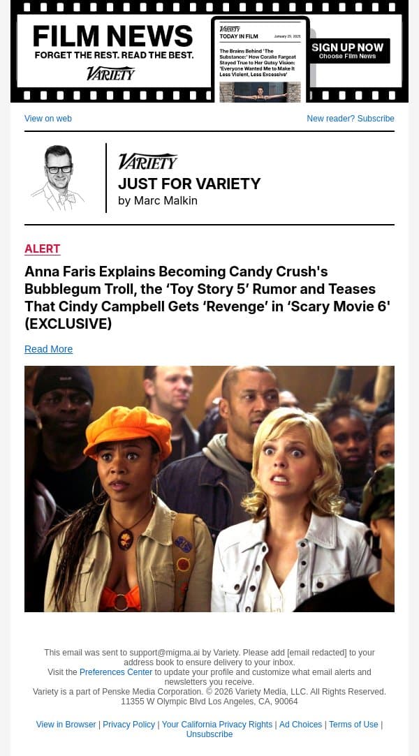 Anna Faris Explains Becoming Candy Crush's Bubblegum Troll, the ‘Toy Story 5’ Rumor and Teases That Cindy Campbell Gets ‘Revenge’ in ‘Scary Movie 6' (EXCLUSIVE) email from Variety screenshot