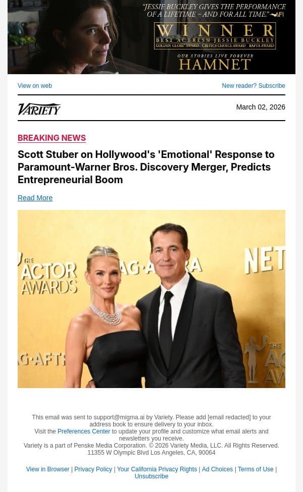 Scott Stuber on Hollywood's 'Emotional' Response to Paramount-Warner Bros. Discovery Merger, Predicts Entrepreneurial Boom email from Variety screenshot