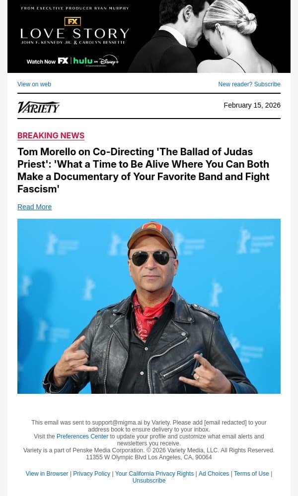 Tom Morello on Co-Directing 'The Ballad of Judas Priest': 'What a Time to Be Alive Where You Can Both Make a Documentary of Your Favorite Band and Fight Fascism' email from Variety screenshot