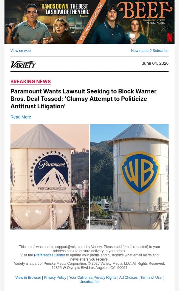 Paramount Wants Lawsuit Seeking to Block Warner Bros. Deal Tossed: 'Clumsy Attempt to Politicize Antitrust Litigation' email from Variety screenshot