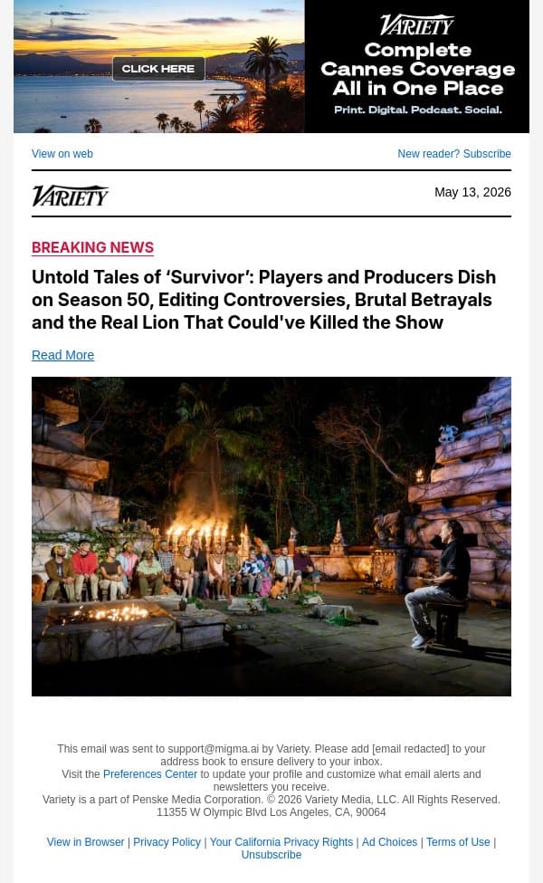 Untold Tales of ‘Survivor’: Players and Producers Dish on Season 50, Editing Controversies, Brutal Betrayals and the Real Lion That Could've Killed the Show email from Variety screenshot