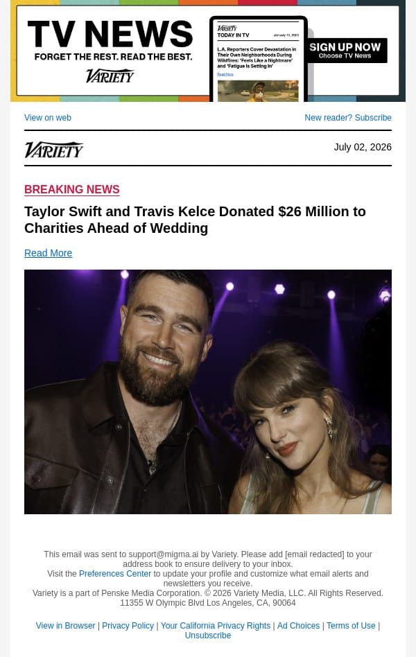 Taylor Swift and Travis Kelce Donated $26 Million to Charities Ahead of Wedding email from Variety screenshot