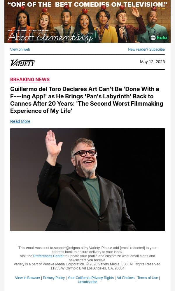 Guillermo del Toro Declares Art Can't Be 'Done With a F---ing App!' as He Brings 'Pan's Labyrinth' Back to Cannes After 20 Years: 'The Second Worst Filmmaking Experience of My Life' email from Variety screenshot