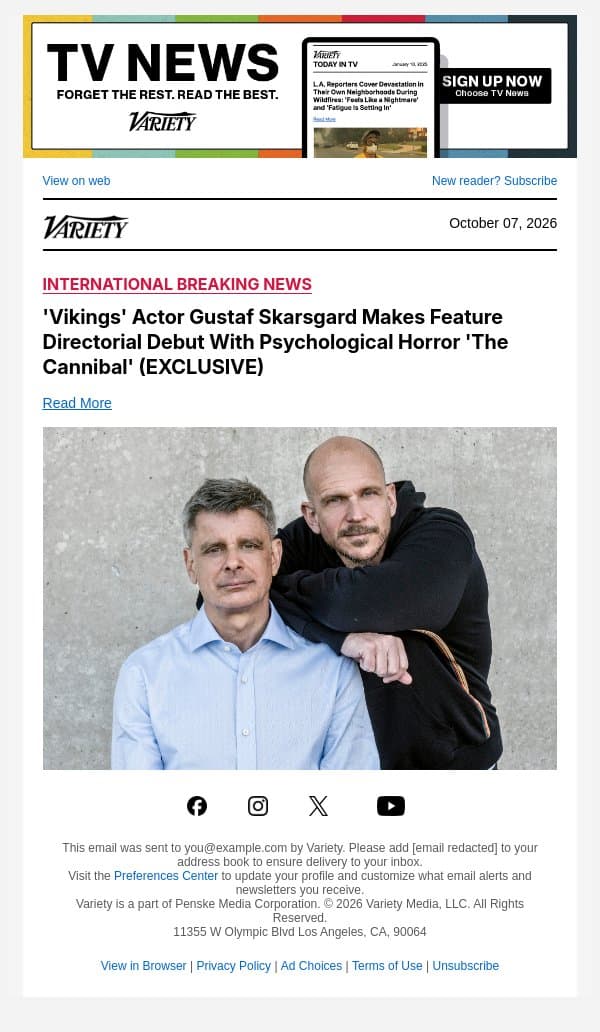 'Vikings' Actor Gustaf Skarsgard Makes Feature Directorial Debut With Psychological Horror 'The Cannibal' (EXCLUSIVE) email from Variety screenshot