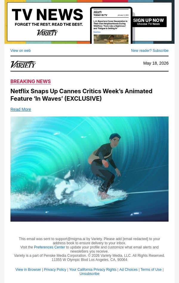 Netflix Snaps Up Cannes Critics Week’s Animated Feature ‘In Waves’ (EXCLUSIVE) email from Variety screenshot