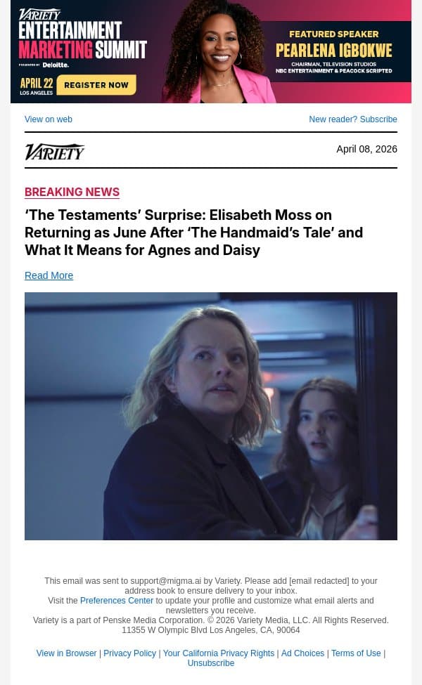 ‘The Testaments’ Surprise: Elisabeth Moss on Returning as June After ‘The Handmaid’s Tale’ and What It Means for Agnes and Daisy email from Variety screenshot
