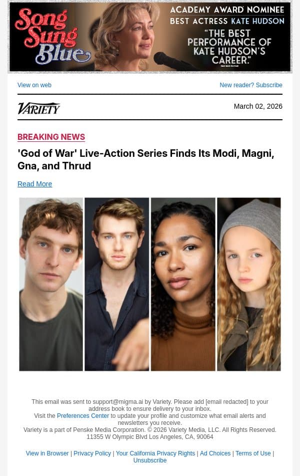 'God of War' Live-Action Series Finds Its Modi, Magni, Gna, and Thrud email from Variety screenshot