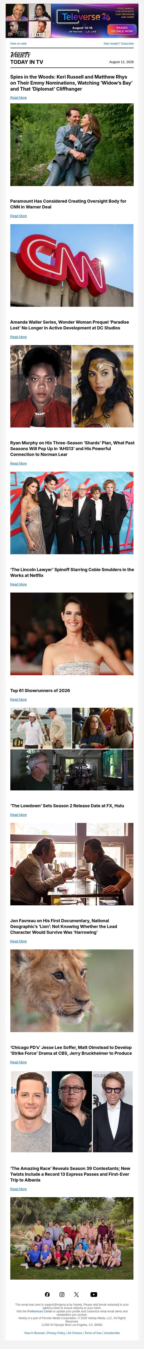 Keri Russell and Matthew Rhys Cover; Paramount Considered Oversight Body for CNN; DC Pauses TV Development email from Variety screenshot