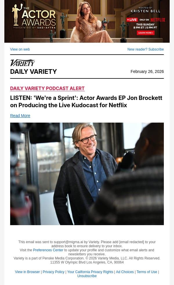 LISTEN: 'We're a Sprint': Actor Awards EP Jon Brockett on Producing the Live Kudocast for Netflix email from Variety screenshot