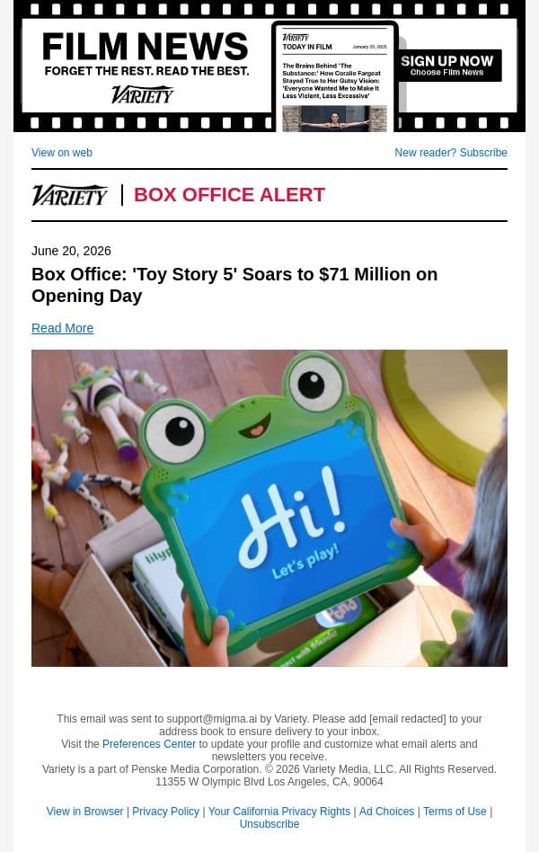 Box Office: 'Toy Story 5' Soars to $71 Million on Opening Day email from Variety screenshot
