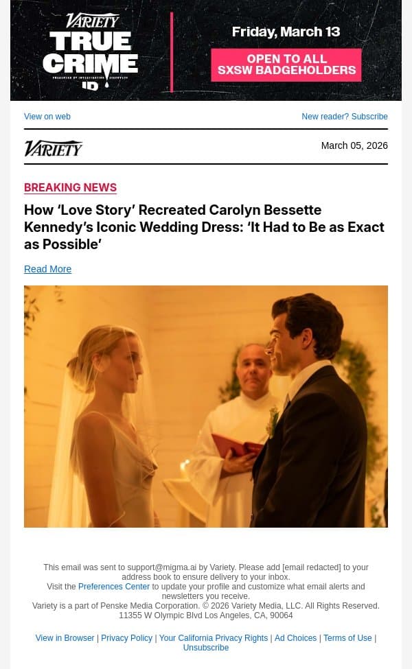 How ‘Love Story’ Recreated Carolyn Bessette Kennedy’s Iconic Wedding Dress: ‘It Had to Be as Exact as Possible’ email from Variety screenshot