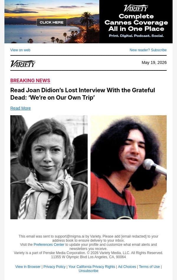 Read Joan Didion’s Lost Interview With the Grateful Dead: ‘We’re on Our Own Trip’ email from Variety screenshot