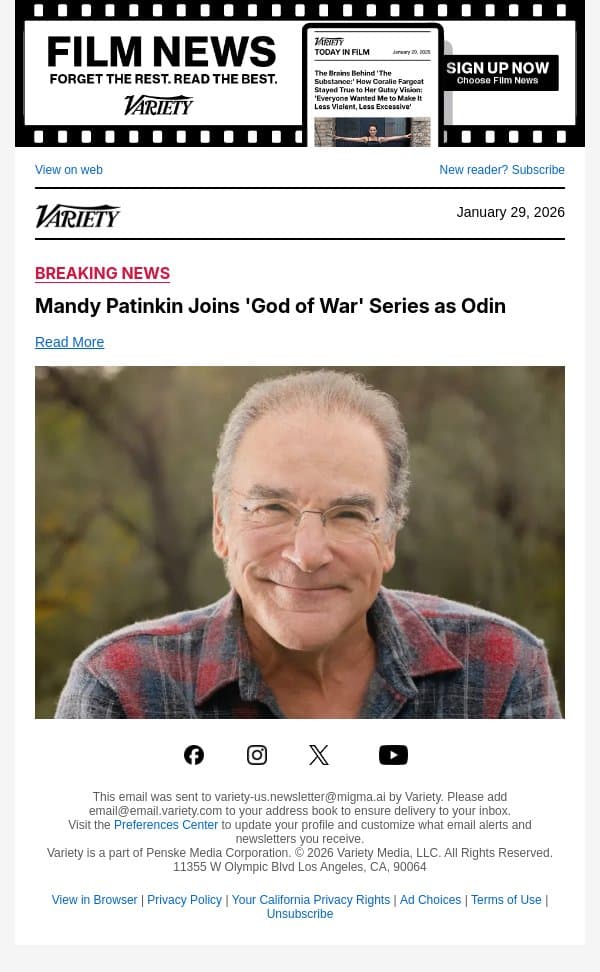 Mandy Patinkin Joins 'God of War' Series as Odin email from Variety screenshot