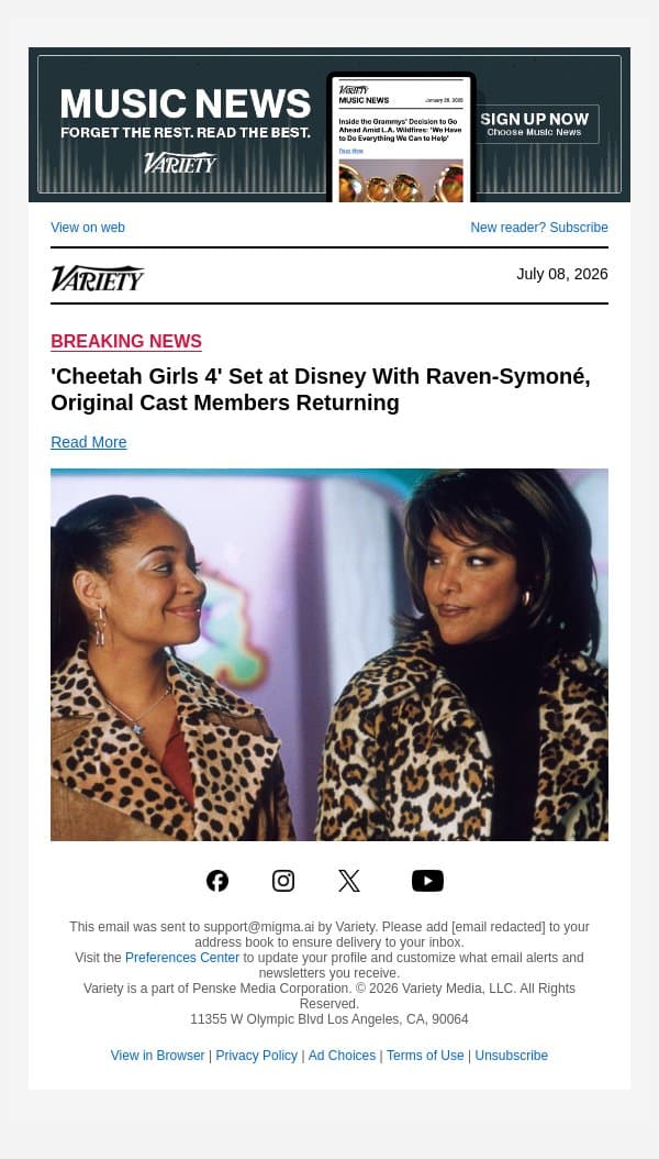 'Cheetah Girls 4' Set at Disney With Raven-Symoné, Original Cast Members Returning email from Variety screenshot