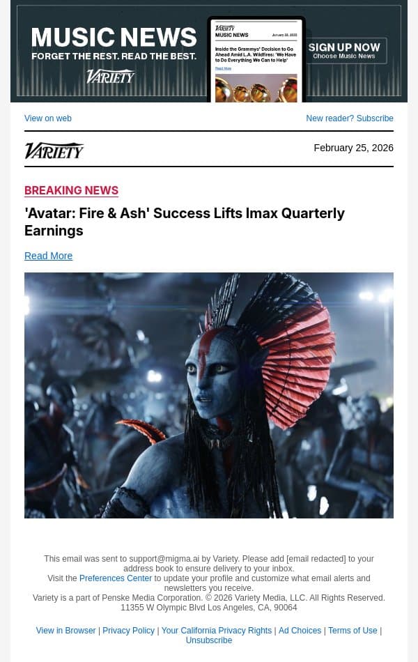 'Avatar: Fire and Ash' Success Lifts Imax Quarterly Earnings email from Variety screenshot