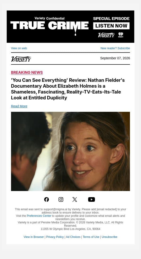 'You Can See Everything' Review: Nathan Fielder's Documentary About Elizabeth Holmes is a Shameless, Fascinating, Reality-TV-Eats-Its-Tale Look at Entitled Duplicity email from Variety screenshot
