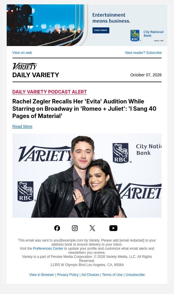 Rachel Zegler Recalls Her 'Evita' Audition While Starring on Broadway in 'Romeo + Juliet': 'I Sang 40 Pages of Material' email from Variety screenshot