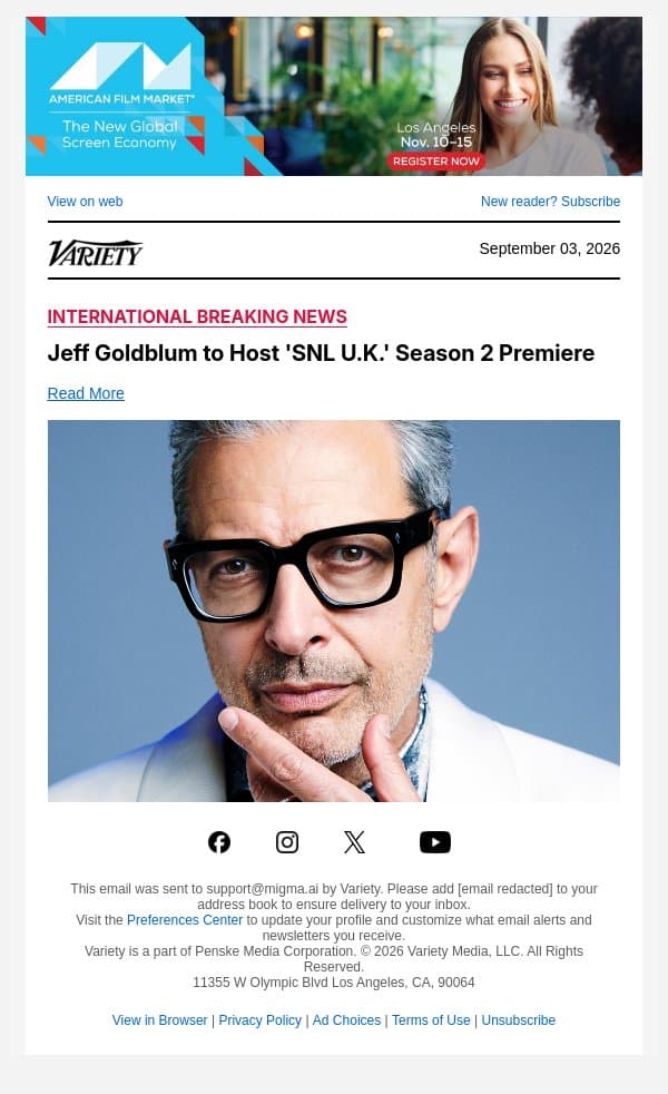 Jeff Goldblum to Host 'SNL U.K.' Season 2 Premiere email from Variety screenshot