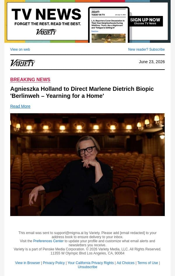 Agnieszka Holland to Direct Marlene Dietrich Biopic 'Berlinweh – Yearning for a Home' email from Variety screenshot