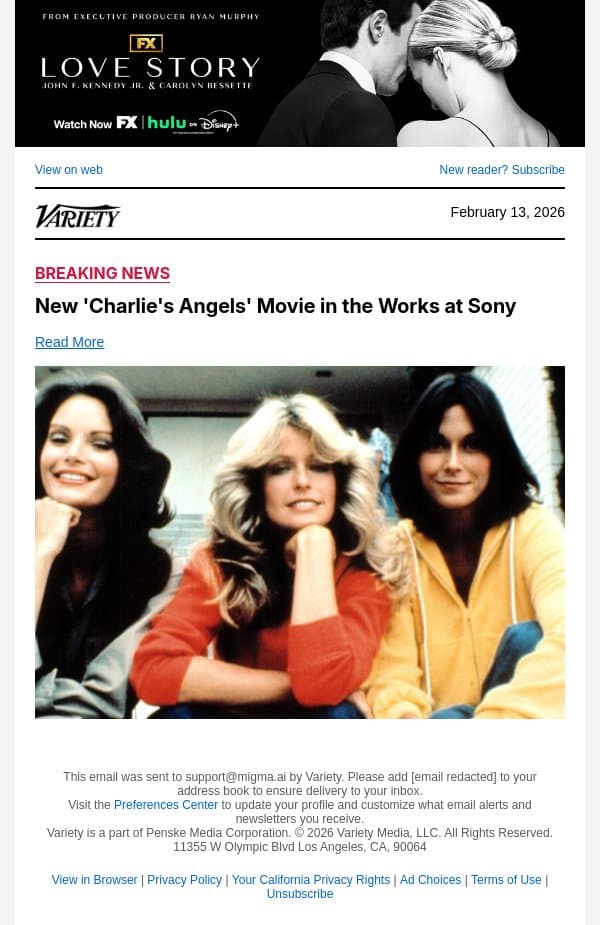New 'Charlie's Angels' Movie in the Works at Sony email from Variety screenshot