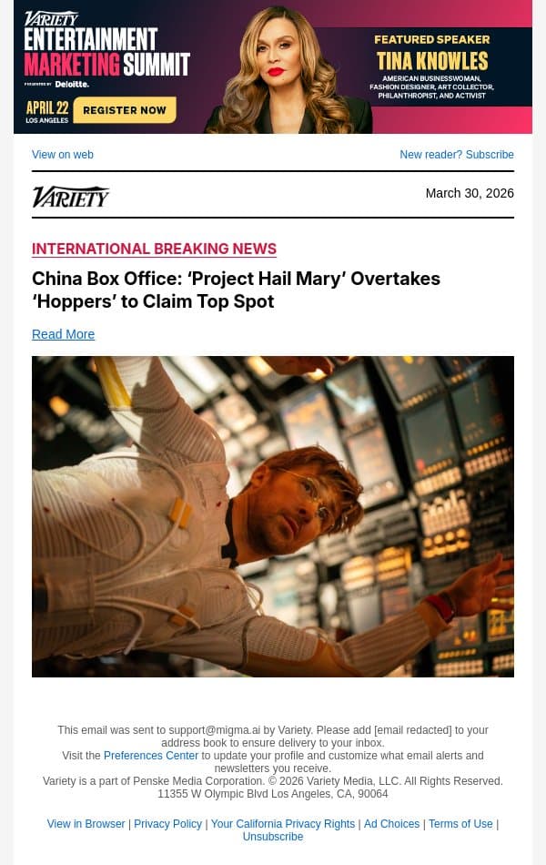 China Box Office: ‘Project Hail Mary’ Overtakes ‘Hoppers’ to Claim Top Spot email from Variety screenshot