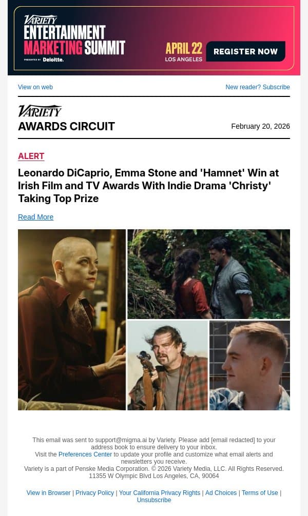 Leonardo DiCaprio, Emma Stone and 'Hamnet' Win at Irish Film and TV Awards With Indie Drama 'Christy' Taking Top Prize email from Variety screenshot