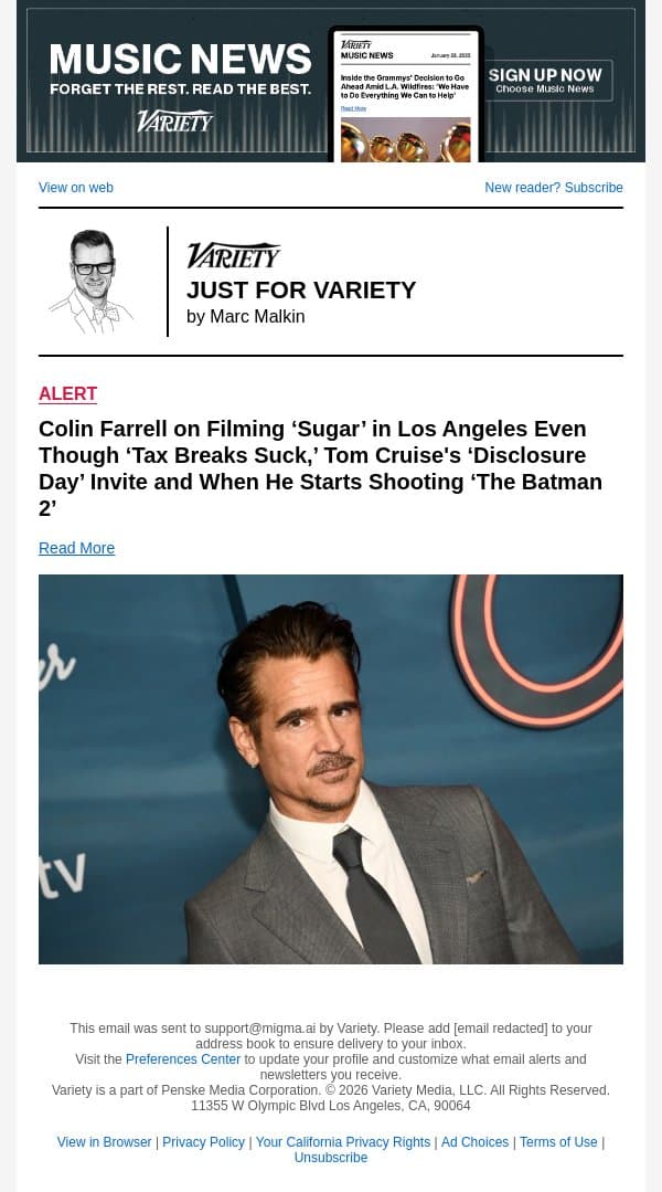 Colin Farrell on Filming ‘Sugar’ in Los Angeles Even Though ‘Tax Breaks Suck,’ Tom Cruise's ‘Disclosure Day’ Invite and When He Starts Shooting ‘The Batman 2’ email from Variety screenshot