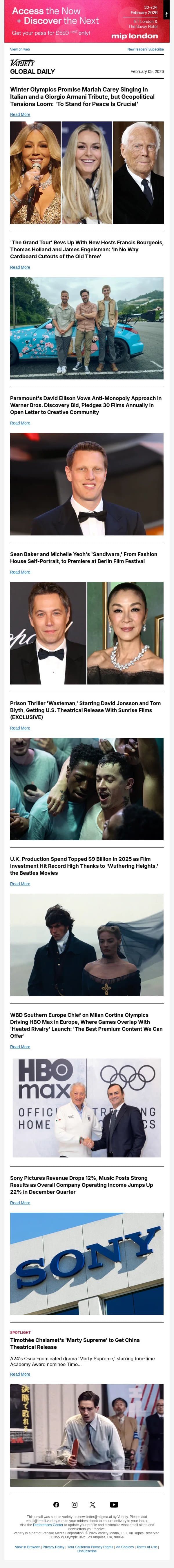 Winter Olympics Preview; 'The Grand Tour' Returns; David Ellison's Open Letter email from Variety screenshot