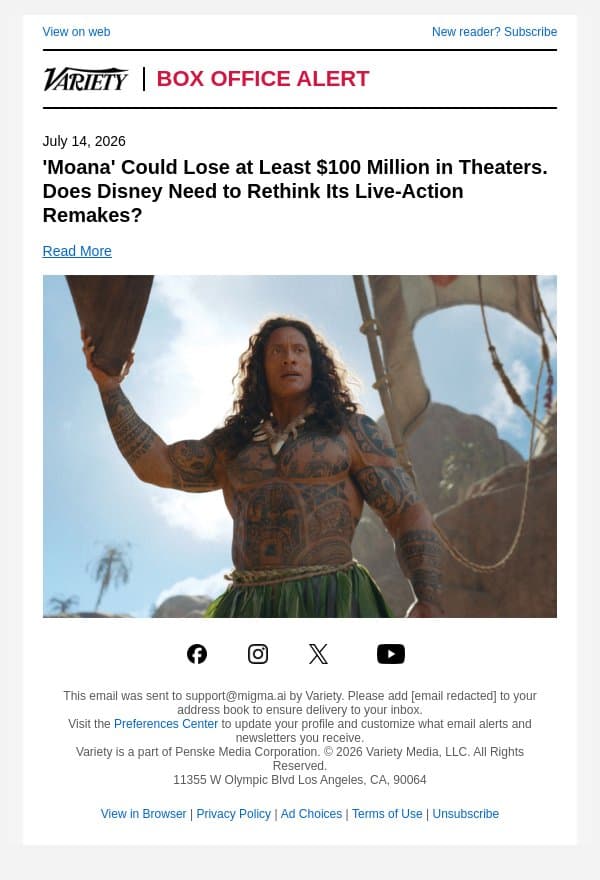 'Moana' Could Lose at Least $100 Million in Theaters. Does Disney Need to Rethink Its Live-Action Remakes? email from Variety screenshot