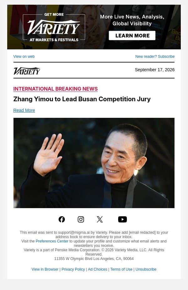 Zhang Yimou to Lead Busan Competition Jury email from Variety screenshot