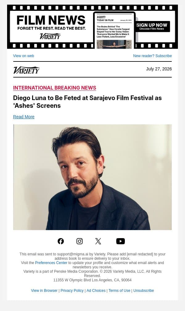 Diego Luna to Be Feted at Sarajevo Film Festival as 'Ashes' Screens email from Variety screenshot