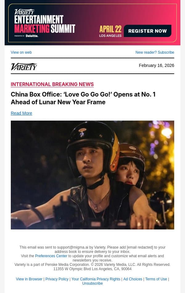 China Box Office: ‘Love Go Go Go!’ Opens at No. 1 Ahead of Lunar New Year Frame email from Variety screenshot
