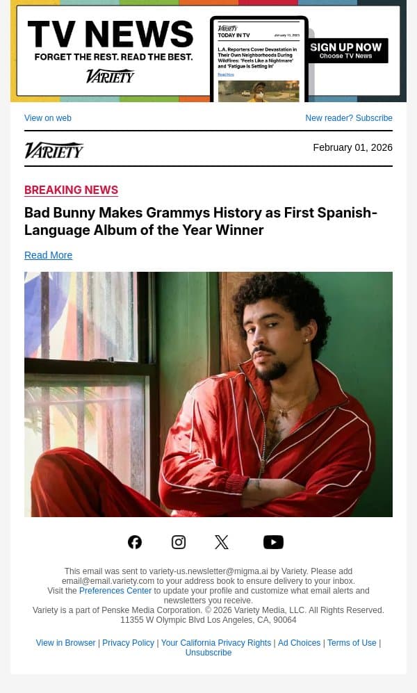 Bad Bunny Makes Grammys History as First Spanish-Language Album of the Year Winner email from Variety screenshot