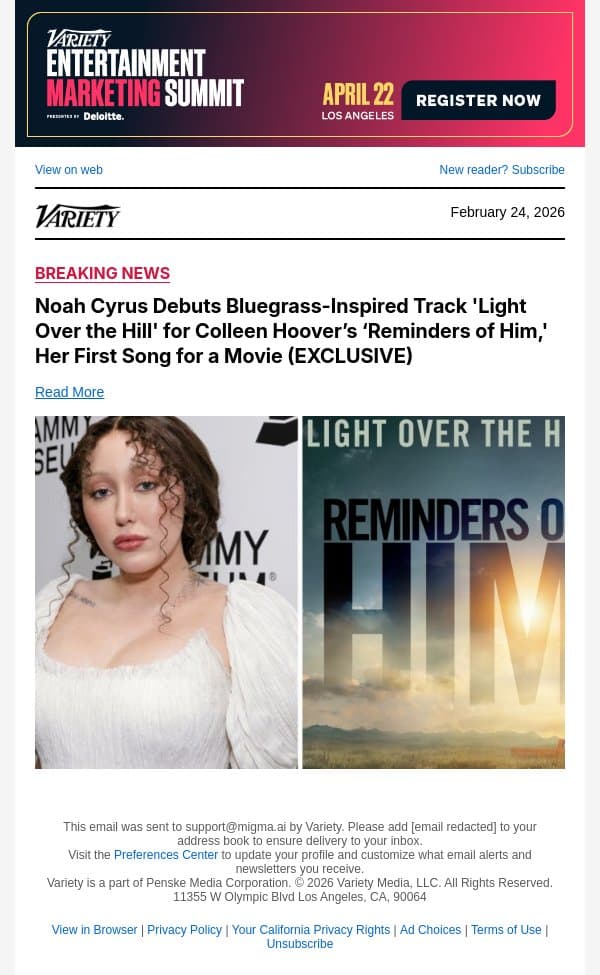 Noah Cyrus Debuts Bluegrass-Inspired Track 'Light Over the Hill' for Colleen Hoover’s ‘Reminders of Him,' Her First Song for a Movie (EXCLUSIVE) email from Variety screenshot