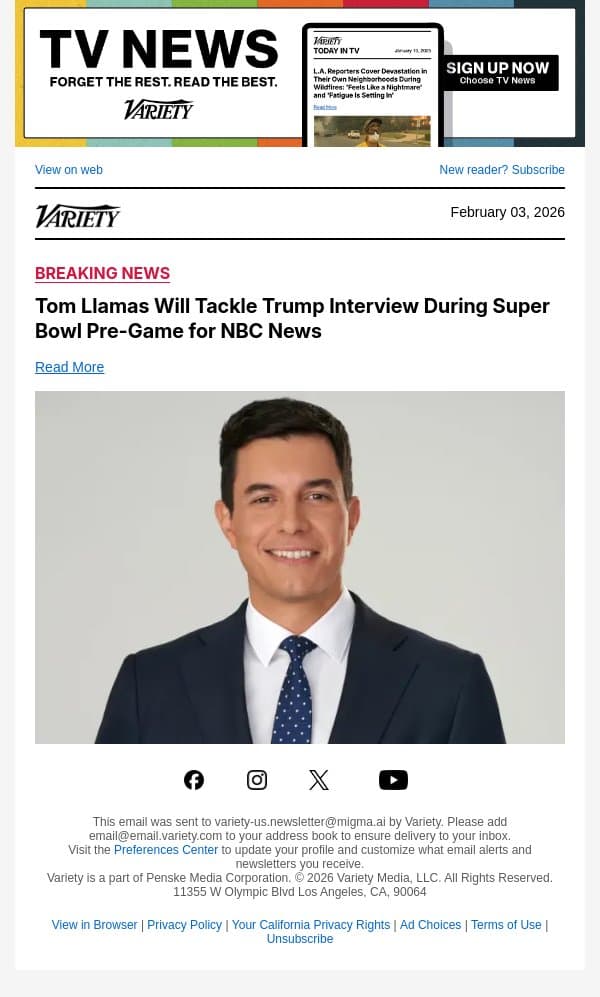 Tom Llamas Will Tackle Trump Interview During Super Bowl Pre-Game for NBC News email from Variety screenshot