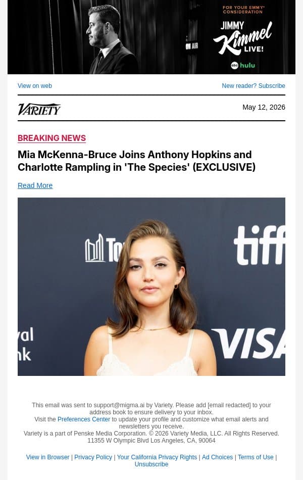 Mia McKenna-Bruce Joins Anthony Hopkins and Charlotte Rampling in 'The Species' (EXCLUSIVE) email from Variety screenshot