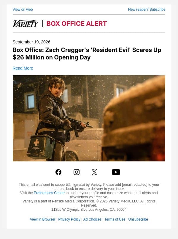 Box Office: Zach Cregger's 'Resident Evil' Scares Up $26 Million on Opening Day email from Variety screenshot