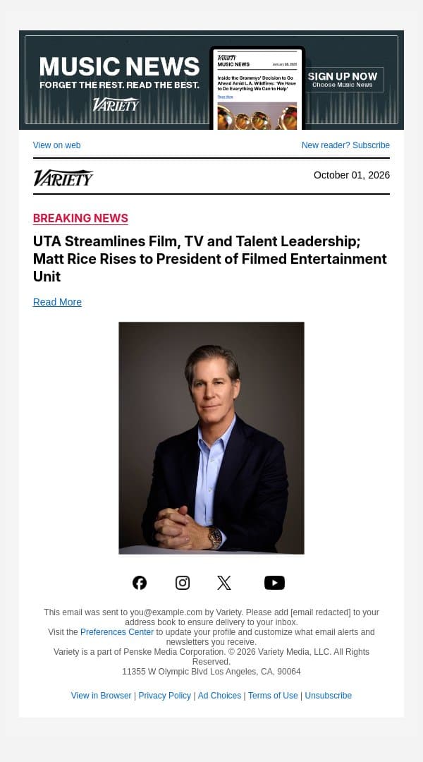 UTA Streamlines Film, TV and Talent Leadership; Matt Rice Rises to President of Filmed Entertainment Unit email from Variety screenshot