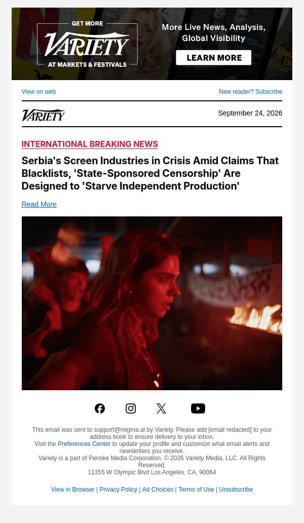 Serbia's Screen Industries in Crisis Amid Claims That Blacklists, 'State-Sponsored Censorship' Are Designed to 'Starve Independent Production' email from Variety screenshot