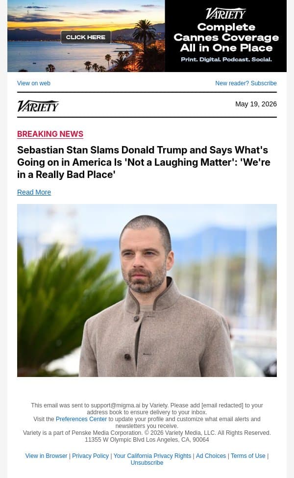 Sebastian Stan Slams Donald Trump and Says What's Going on in America Is 'Not a Laughing Matter': 'We're in a Really Bad Place' email from Variety screenshot